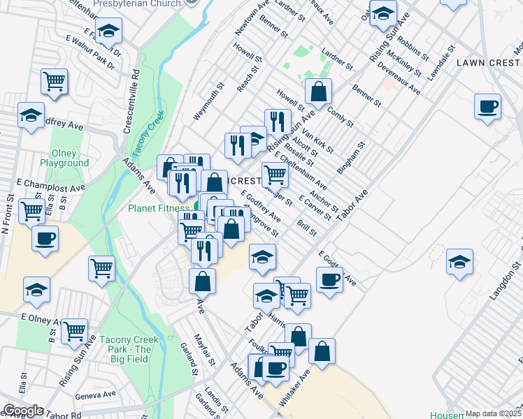 map of restaurants, bars, coffee shops, grocery stores, and more near 544 East Godfrey Avenue in Philadelphia