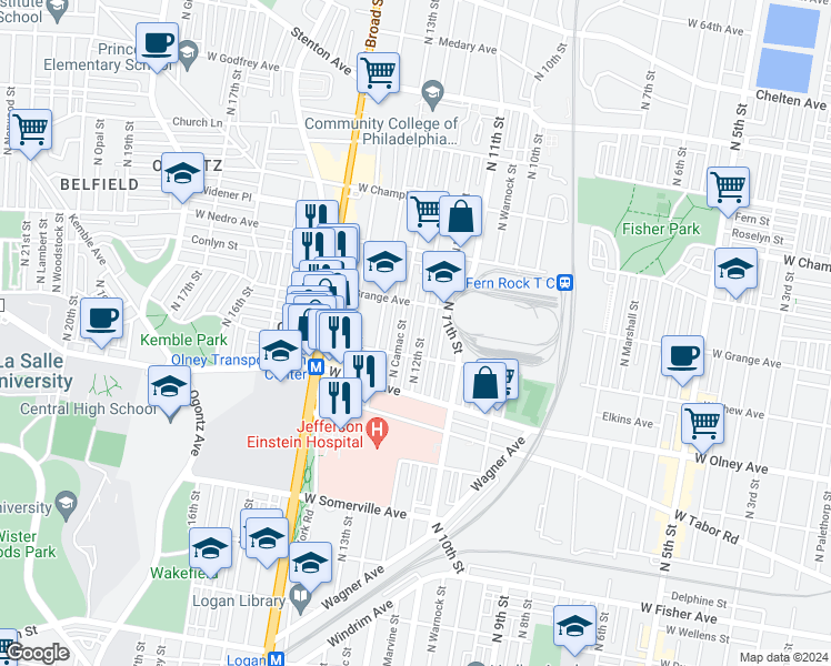 map of restaurants, bars, coffee shops, grocery stores, and more near 5724 North 12th Street in Philadelphia
