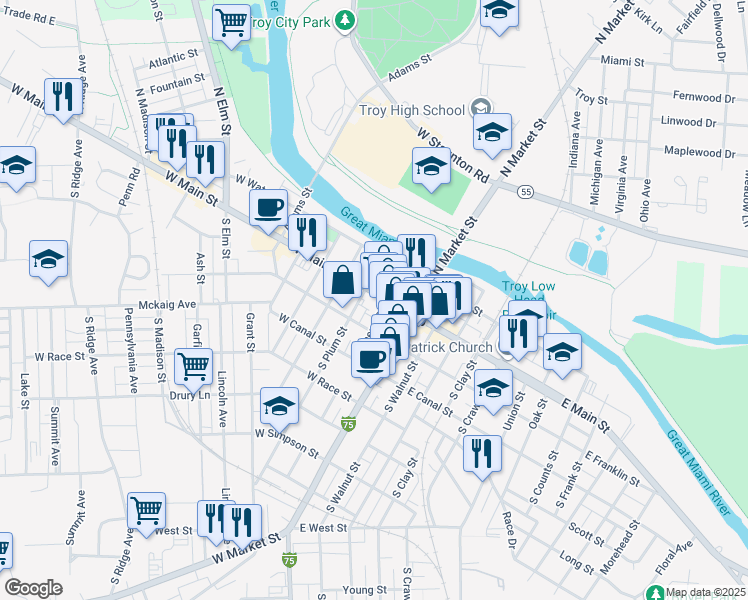 map of restaurants, bars, coffee shops, grocery stores, and more near 121 West Franklin Street in Troy