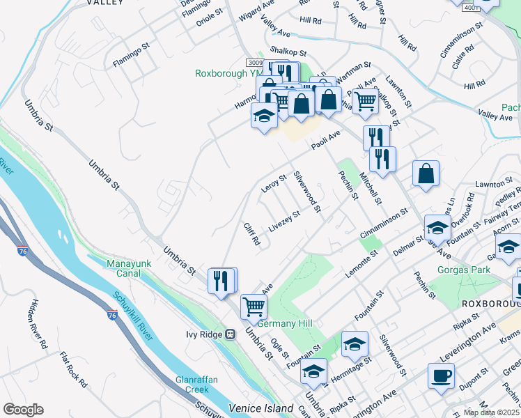 map of restaurants, bars, coffee shops, grocery stores, and more near 337 Leroy Street in Philadelphia