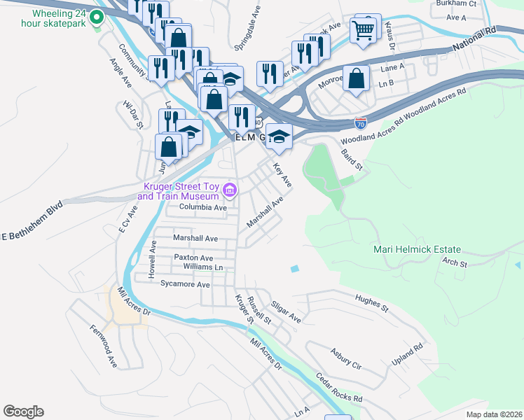 map of restaurants, bars, coffee shops, grocery stores, and more near 2216 1/2 Marshall Avenue in Wheeling