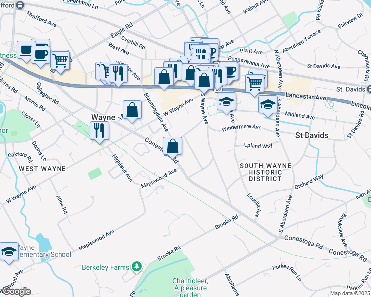map of restaurants, bars, coffee shops, grocery stores, and more near 210 Lansdowne Avenue in Wayne