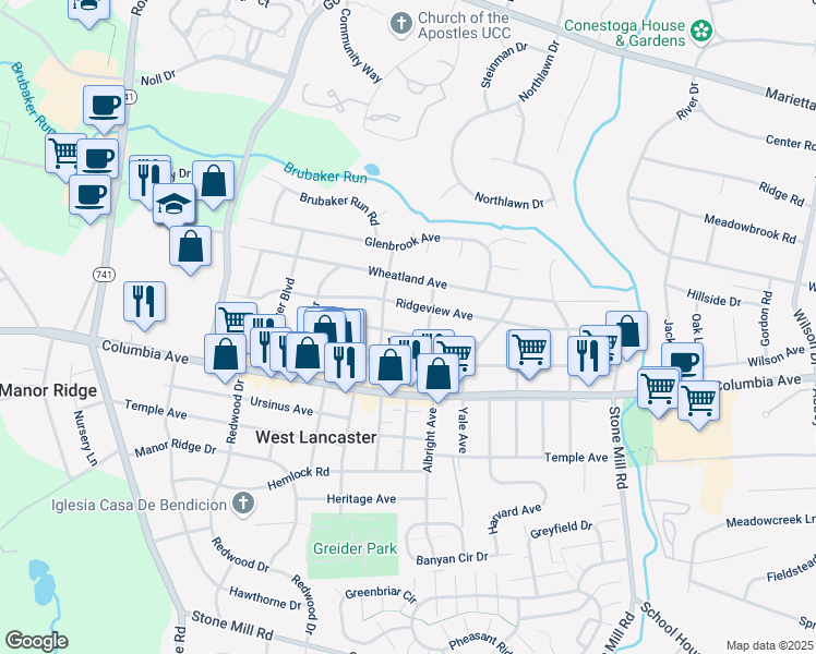 map of restaurants, bars, coffee shops, grocery stores, and more near 1765 Linwood Avenue in Lancaster