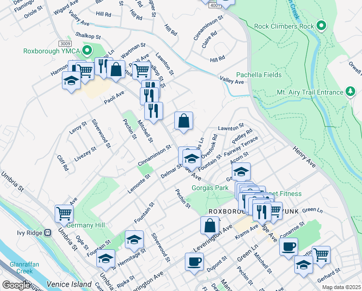 map of restaurants, bars, coffee shops, grocery stores, and more near 6639 Ridge Avenue in Philadelphia