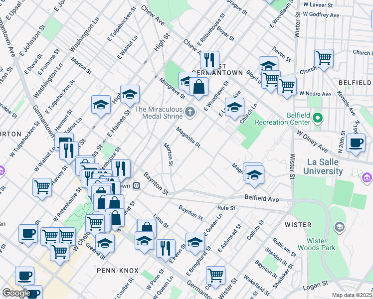 map of restaurants, bars, coffee shops, grocery stores, and more near 431 East Locust Avenue in Philadelphia