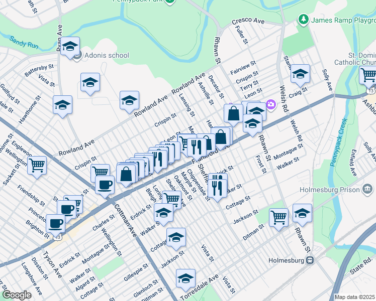 map of restaurants, bars, coffee shops, grocery stores, and more near 3552 Sheffield Avenue in Philadelphia