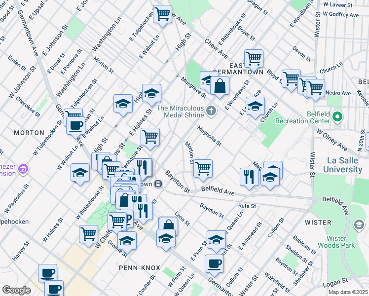 map of restaurants, bars, coffee shops, grocery stores, and more near 5673 Heiskell Street in Philadelphia