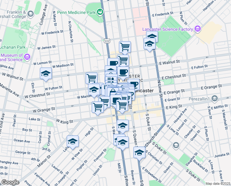 map of restaurants, bars, coffee shops, grocery stores, and more near 123 North Prince Street in Lancaster