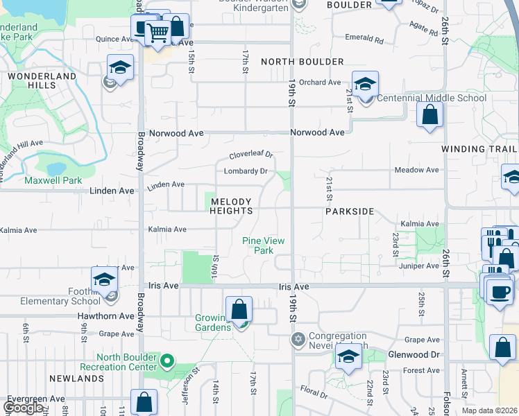 map of restaurants, bars, coffee shops, grocery stores, and more near Kalmia Ave & Cloverleaf Dr in Boulder