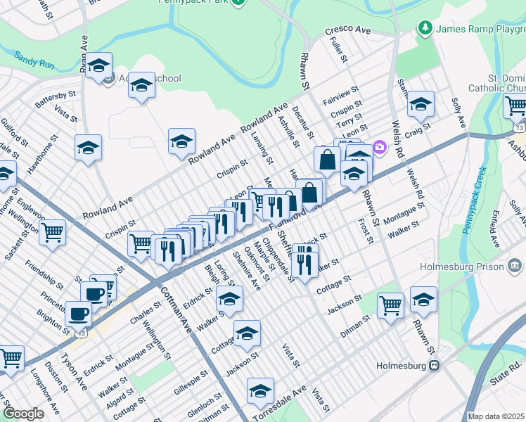 map of restaurants, bars, coffee shops, grocery stores, and more near 3560 Sheffield Avenue in Philadelphia