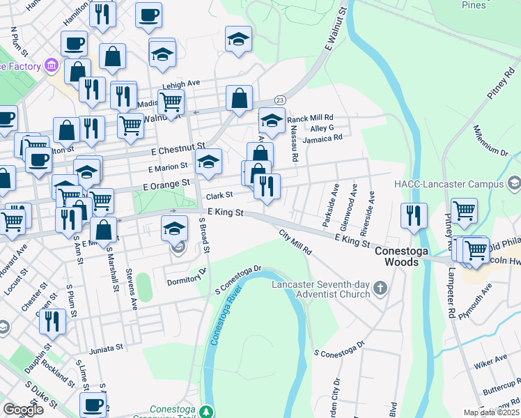 map of restaurants, bars, coffee shops, grocery stores, and more near 977 East King Street in Lancaster