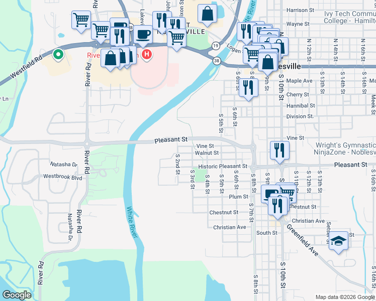 map of restaurants, bars, coffee shops, grocery stores, and more near 245 Walnut Street in Noblesville
