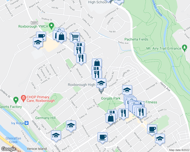 map of restaurants, bars, coffee shops, grocery stores, and more near 6641 Ridge Avenue in Philadelphia