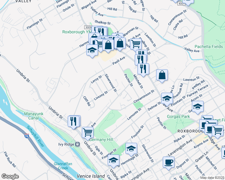 map of restaurants, bars, coffee shops, grocery stores, and more near 395 Livezey Street in Philadelphia