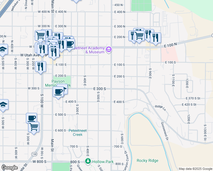 map of restaurants, bars, coffee shops, grocery stores, and more near 522 East 300 South in Payson