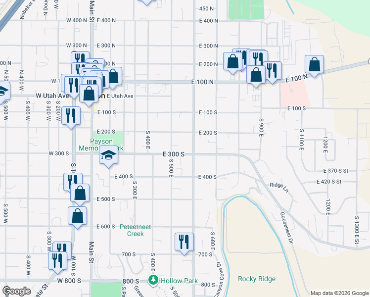 map of restaurants, bars, coffee shops, grocery stores, and more near 522 East 300 South in Payson