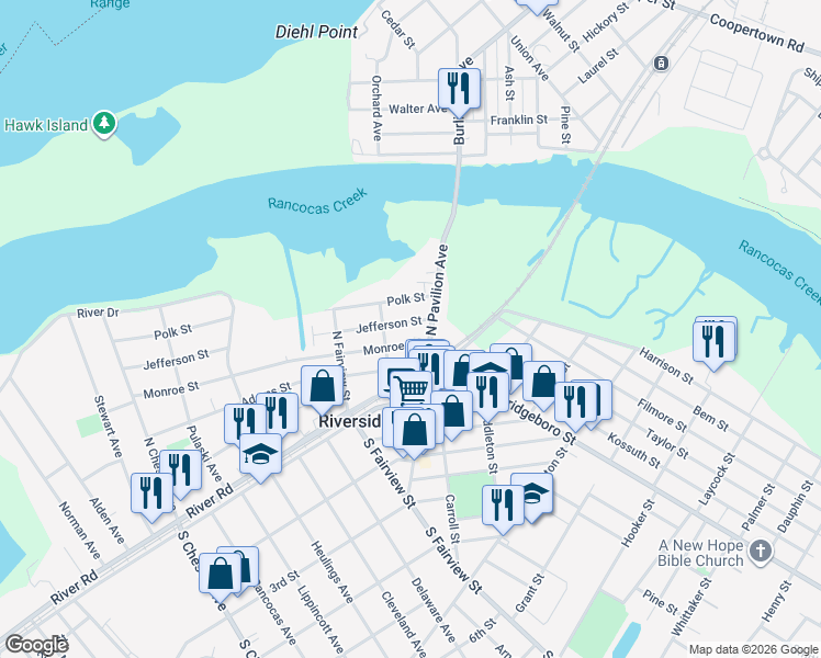 map of restaurants, bars, coffee shops, grocery stores, and more near 18 Jefferson St in Riverside