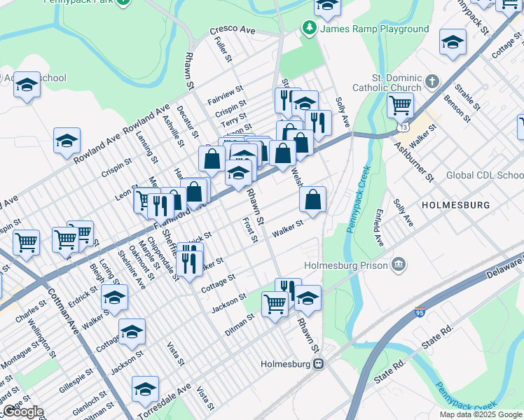 map of restaurants, bars, coffee shops, grocery stores, and more near 4223 Rhawn Street in Philadelphia