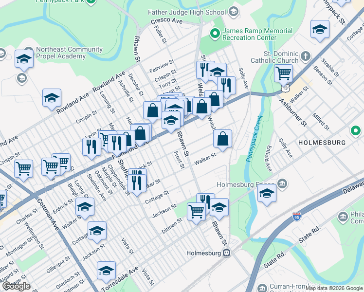 map of restaurants, bars, coffee shops, grocery stores, and more near 4206 Frost Street in Philadelphia