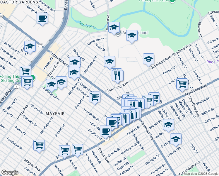 map of restaurants, bars, coffee shops, grocery stores, and more near 3317 Cottman Avenue in Philadelphia