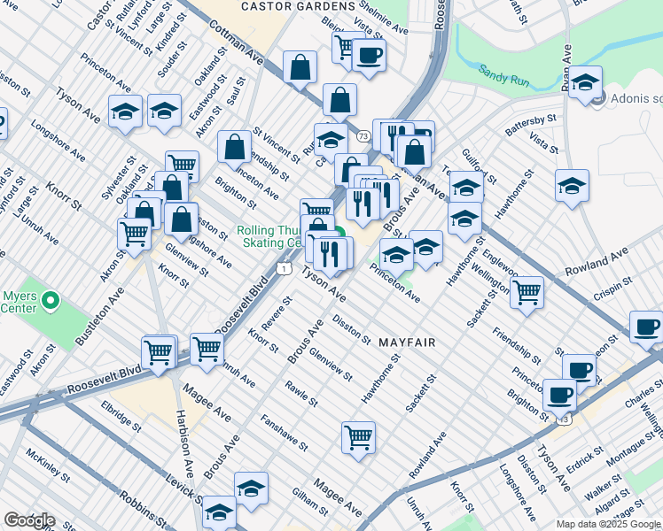 map of restaurants, bars, coffee shops, grocery stores, and more near 2829 Tyson Avenue in Philadelphia