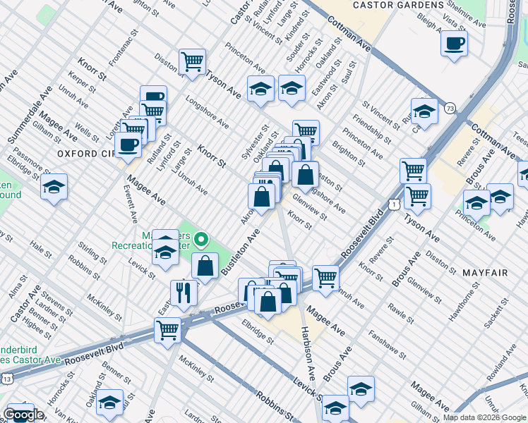 map of restaurants, bars, coffee shops, grocery stores, and more near 6717 Bustleton Avenue in Philadelphia