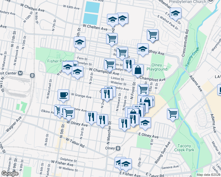 map of restaurants, bars, coffee shops, grocery stores, and more near 5837 North Mascher Street in Philadelphia