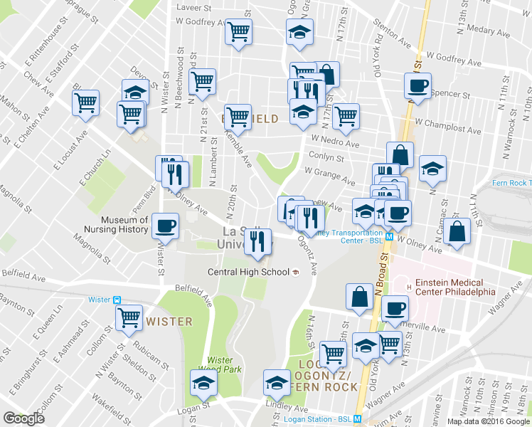 map of restaurants, bars, coffee shops, grocery stores, and more near 5600 North 18th Street in Philadelphia