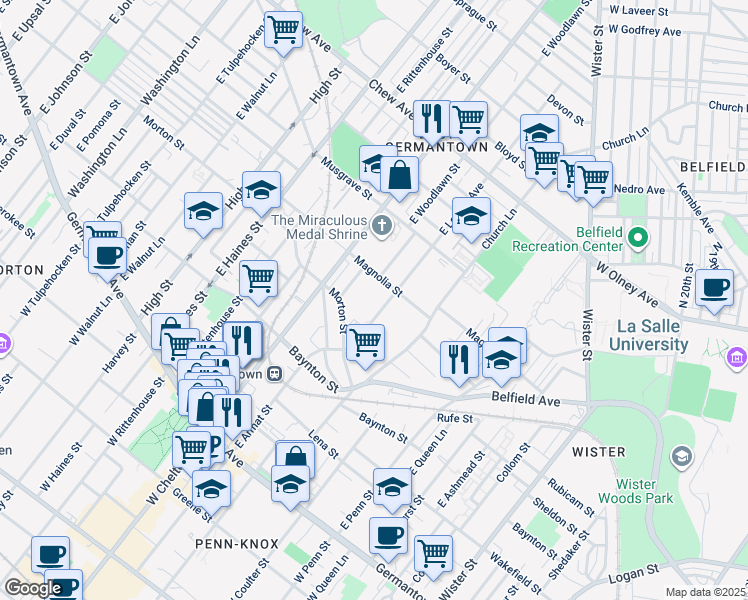 map of restaurants, bars, coffee shops, grocery stores, and more near 431 East Locust Avenue in Philadelphia