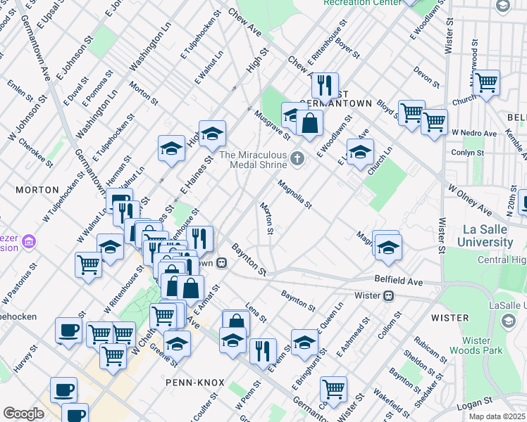 map of restaurants, bars, coffee shops, grocery stores, and more near 5645 Heiskell Street in Philadelphia