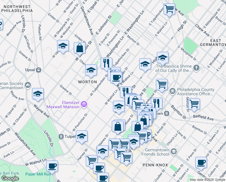 map of restaurants, bars, coffee shops, grocery stores, and more near 45 West Walnut Lane in Philadelphia