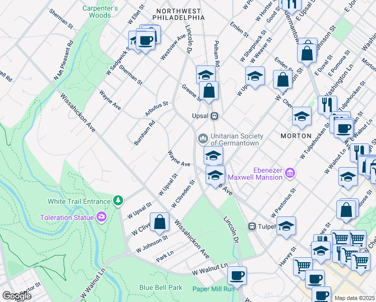 map of restaurants, bars, coffee shops, grocery stores, and more near 6500 Lincoln Drive in Philadelphia