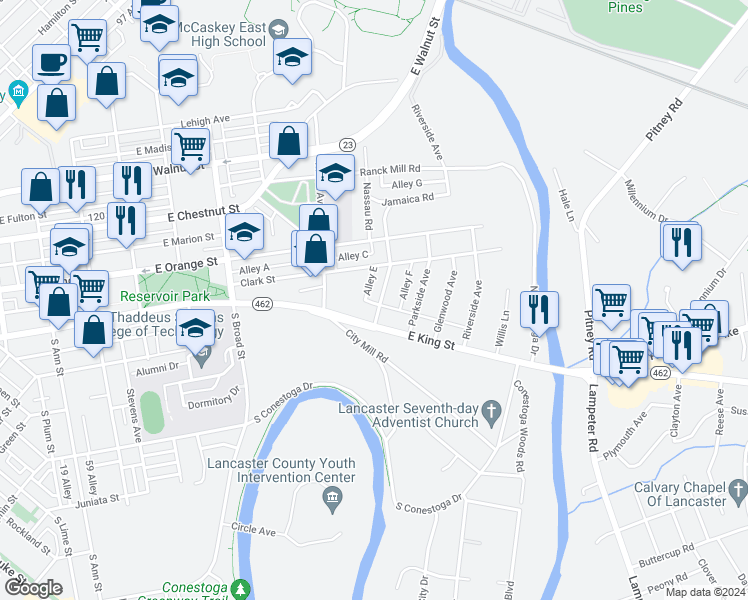 map of restaurants, bars, coffee shops, grocery stores, and more near 1105 East King Street in Lancaster