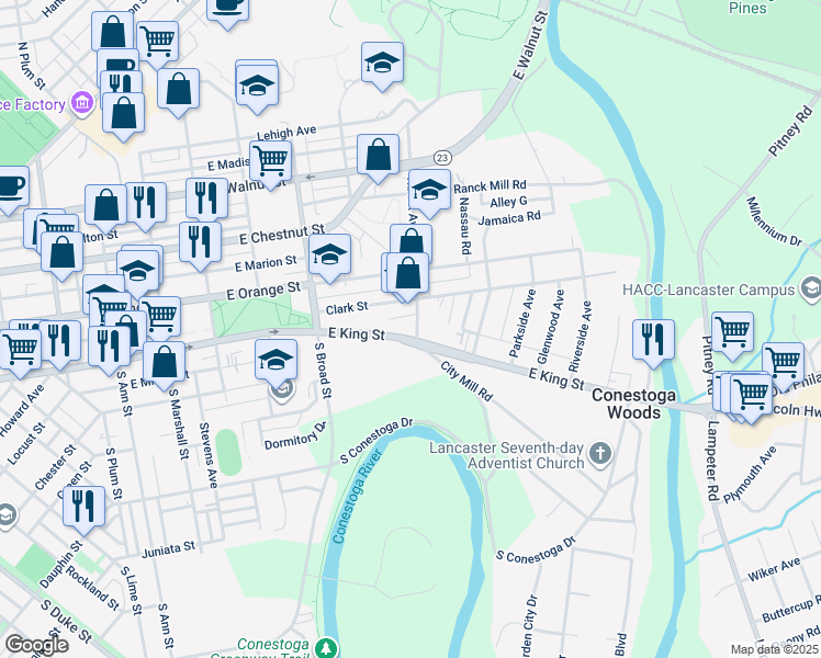 map of restaurants, bars, coffee shops, grocery stores, and more near 977 East King Street in Lancaster