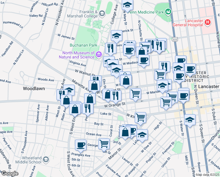 map of restaurants, bars, coffee shops, grocery stores, and more near 624 West Chestnut Street in Lancaster