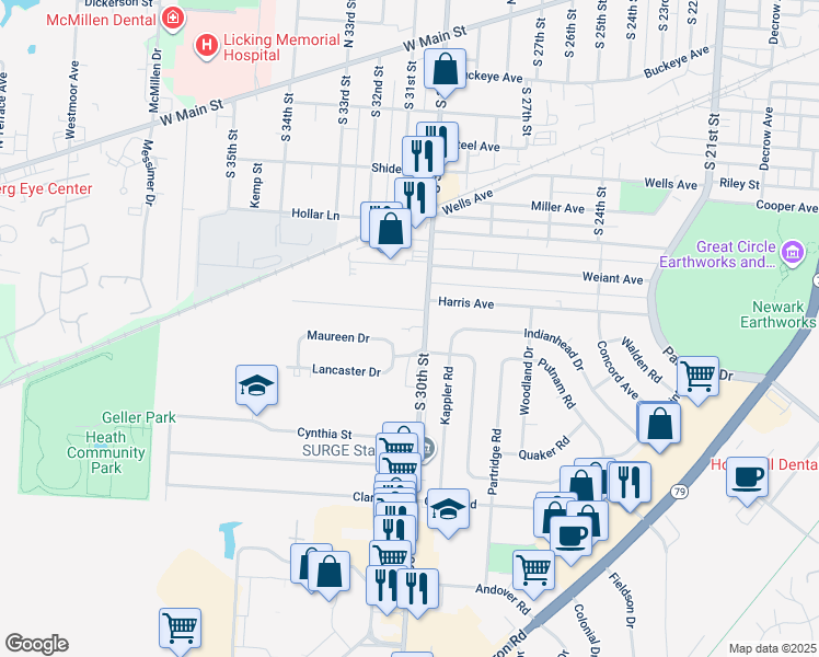 map of restaurants, bars, coffee shops, grocery stores, and more near 8 Wedgewood Drive in Heath