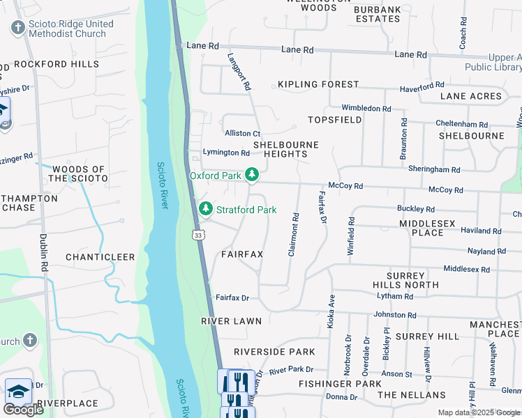 map of restaurants, bars, coffee shops, grocery stores, and more near 4205 Edgehill Drive in Columbus