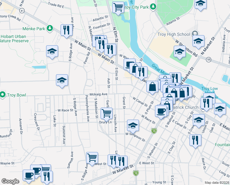 map of restaurants, bars, coffee shops, grocery stores, and more near 311 Lincoln Avenue in Troy