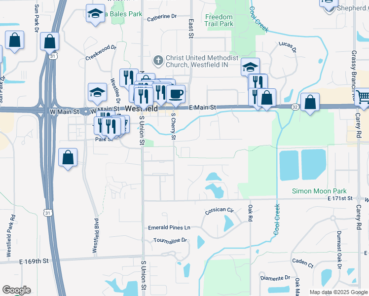 map of restaurants, bars, coffee shops, grocery stores, and more near 1901 Sanders Glen Circle in Westfield