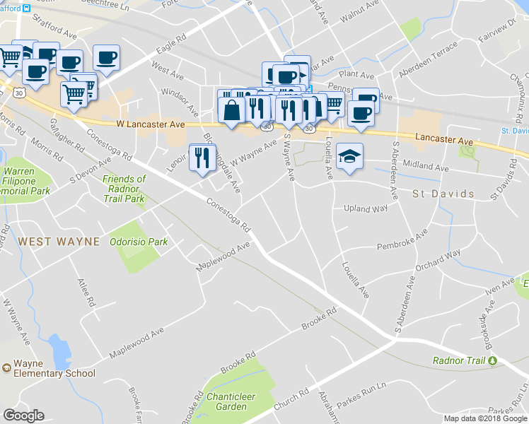 map of restaurants, bars, coffee shops, grocery stores, and more near 210 Lansdowne Avenue in Wayne
