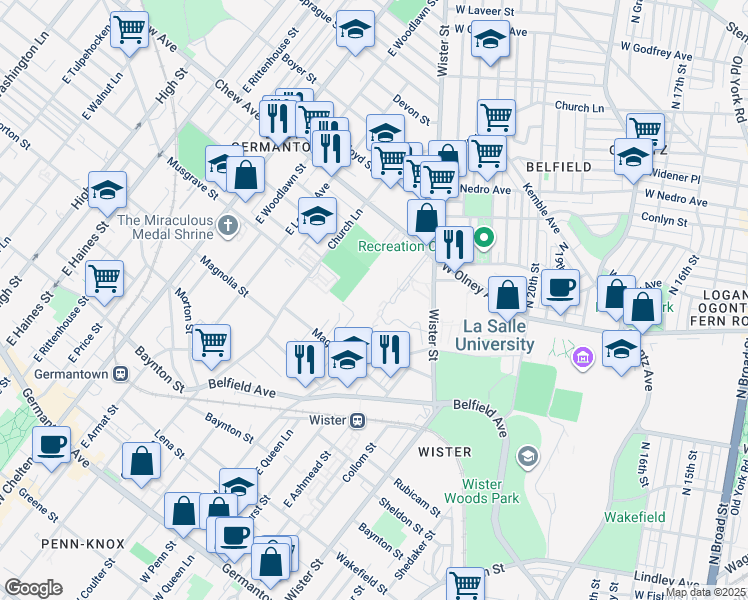 map of restaurants, bars, coffee shops, grocery stores, and more near 710 Penn Boulevard in Philadelphia
