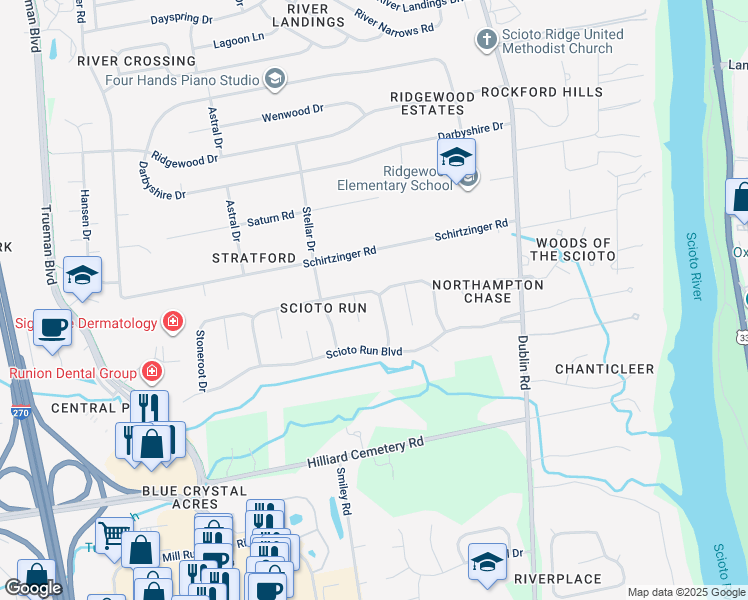 map of restaurants, bars, coffee shops, grocery stores, and more near 4177 Goldthread Court in Hilliard