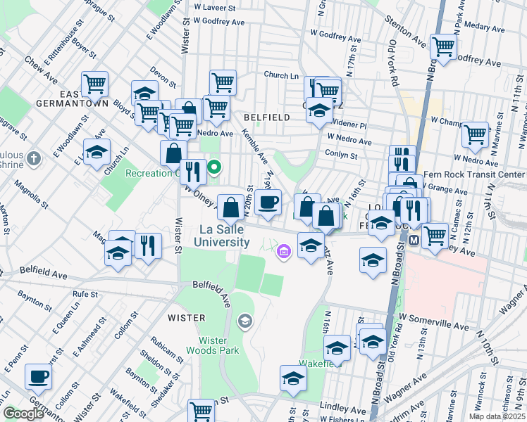 map of restaurants, bars, coffee shops, grocery stores, and more near 5631 North Uber Street in Philadelphia