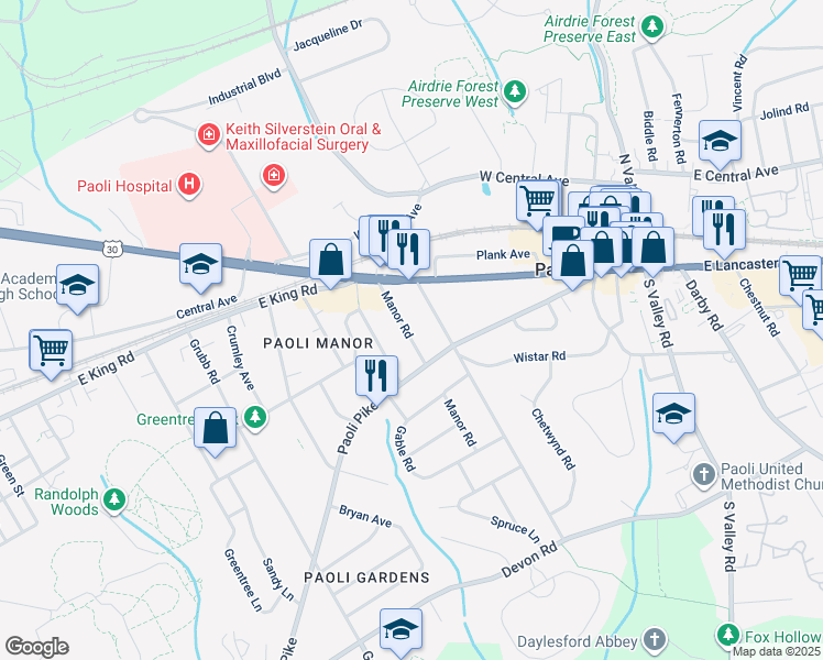 map of restaurants, bars, coffee shops, grocery stores, and more near 21 Manor Road in Paoli