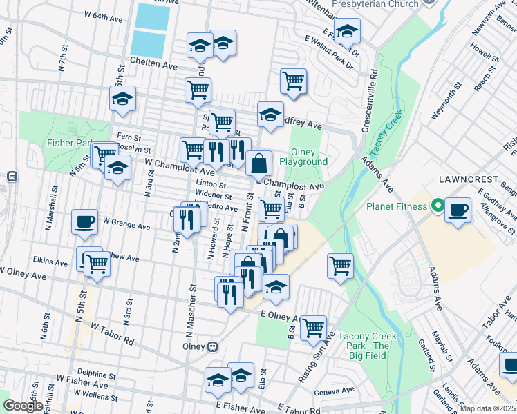 map of restaurants, bars, coffee shops, grocery stores, and more near 5908 North Water Street in Philadelphia