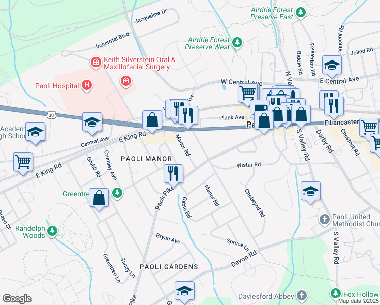 map of restaurants, bars, coffee shops, grocery stores, and more near 21 Manor Road in Paoli