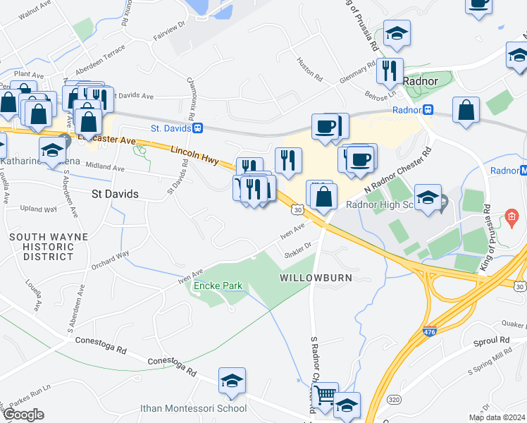 map of restaurants, bars, coffee shops, grocery stores, and more near 550 East Lancaster Avenue in Wayne