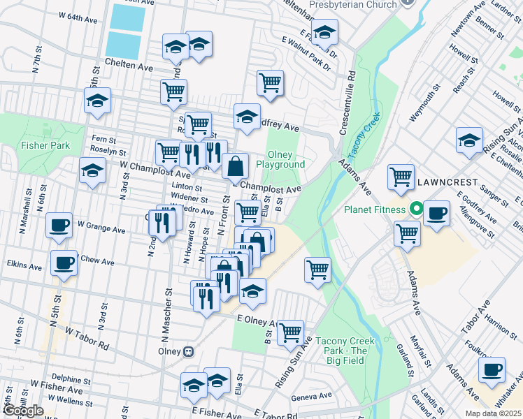 map of restaurants, bars, coffee shops, grocery stores, and more near 5916 Ella Street in Philadelphia