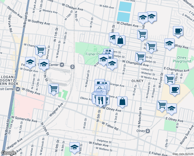 map of restaurants, bars, coffee shops, grocery stores, and more near 5761 North Fairhill Street in Philadelphia