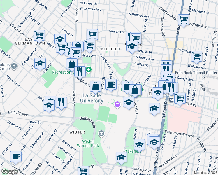map of restaurants, bars, coffee shops, grocery stores, and more near 5631 North Uber Street in Philadelphia